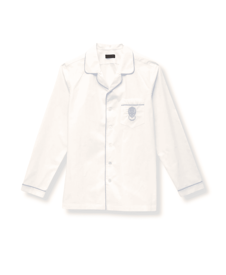 Michael Andrews custom white poplin pajama shirt with light blue piping
