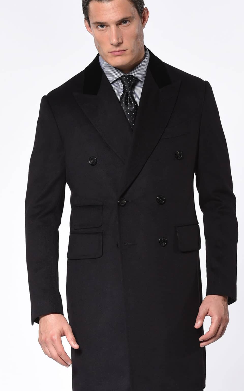 (product) Black Pure Cashmere DB Overcoat, full front view