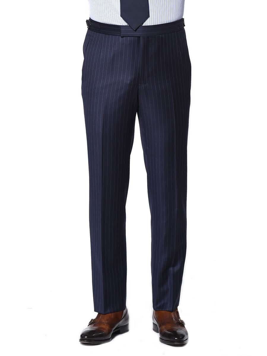 (product) Navy Chalk Stripe Bespoke Suit, pants detail