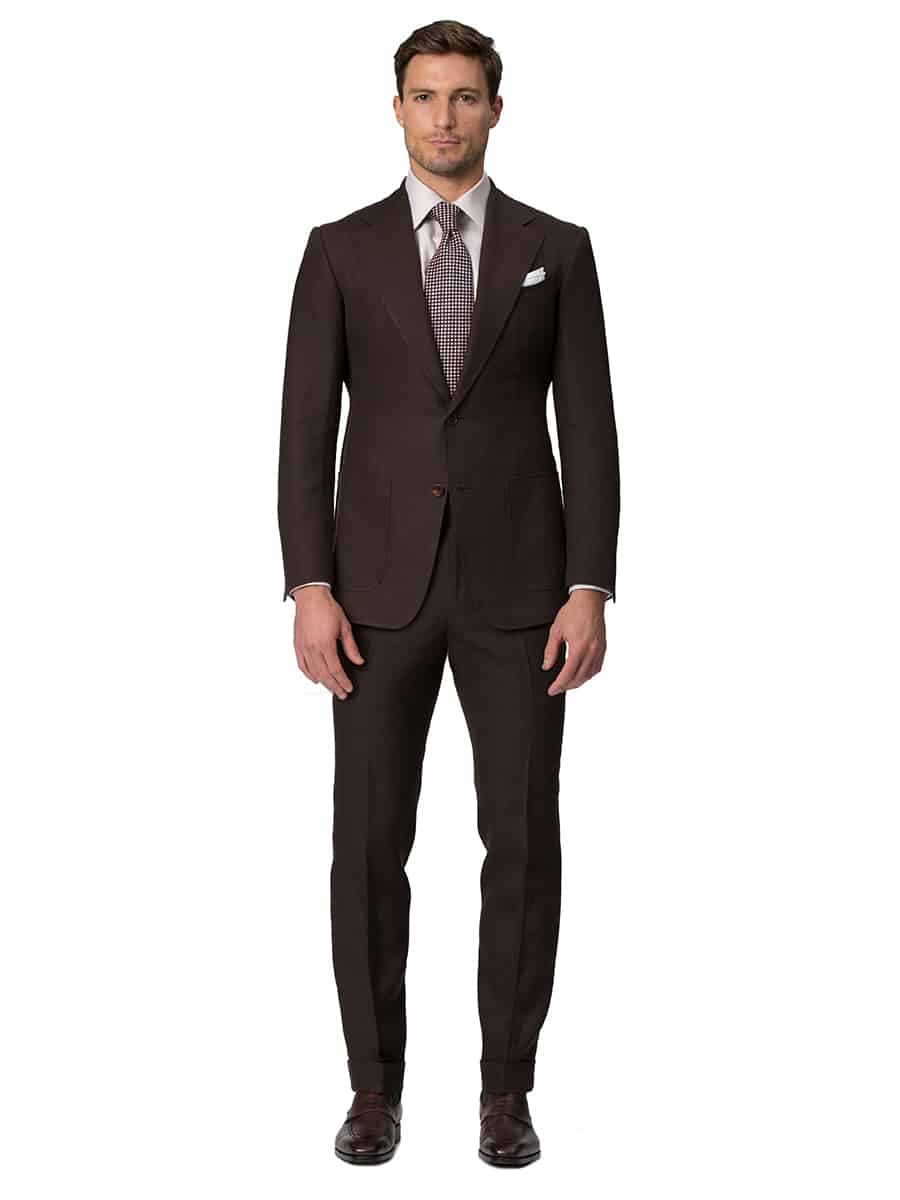 (product) Dark Brown Linen Bespoke Suit, full front view