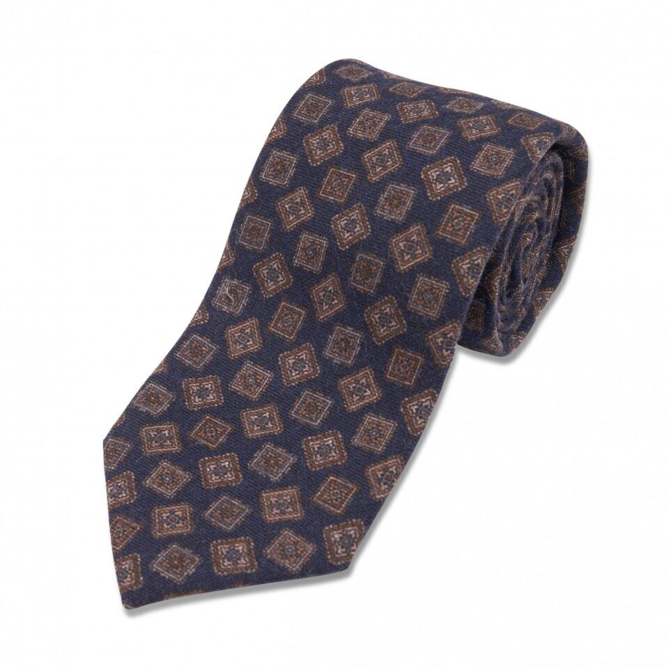 Navy Blue with Brown Large Medallion Wool Necktie