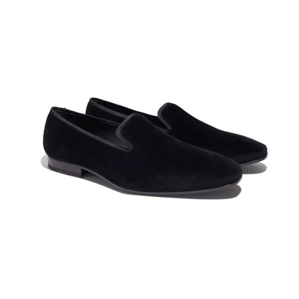 (product) Black Velvet Slip-On Tuxedo Shoe, angled pair view