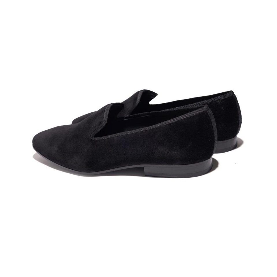 (product) Black Velvet Slip-On Tuxedo Shoe, angled pair view