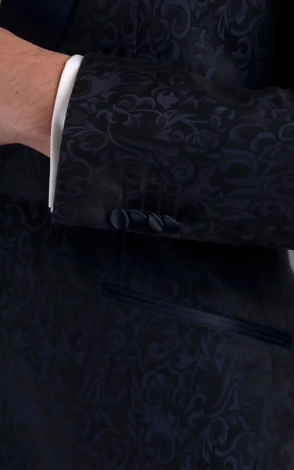 (product) Blue Floral Jacquard One-Button MTM Dinner Jacket, cuff detail