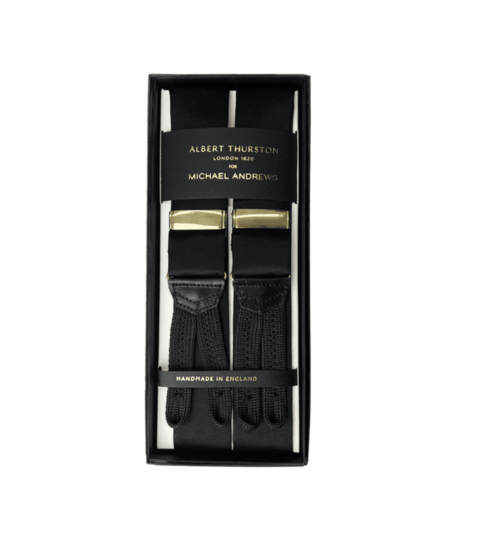 (product) Black Silk Suspenders w Gold Hardware