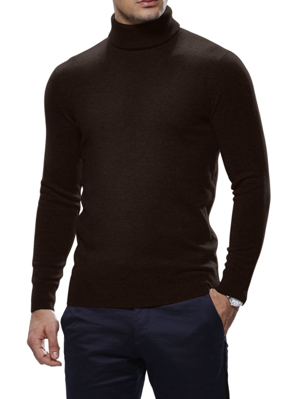 (product) Dark Brown Merino Wool Turtle Neck Sweater