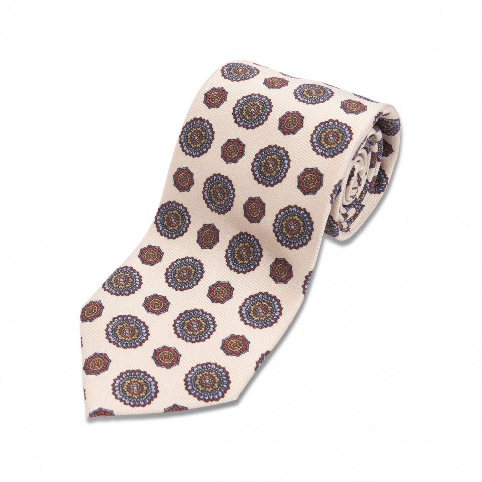 (product) Ivory with Blue, Orange, Green Large Medallion Silk Necktie, Rolled