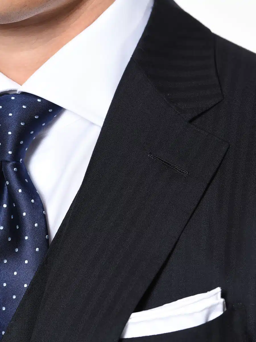 (product) Navy Herringbone Bespoke Suit, lapel detail