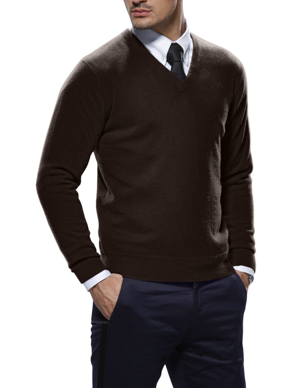 (product) Dark Brown Merino Wool V-Neck Sweater