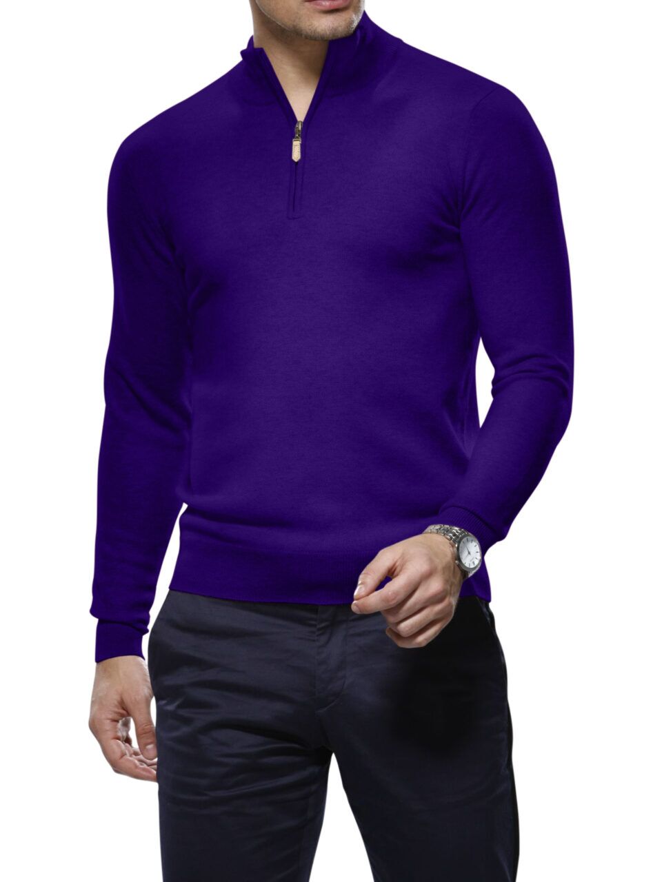 (product) Eggplant Merino Wool 1/4 Zip Mock Sweater