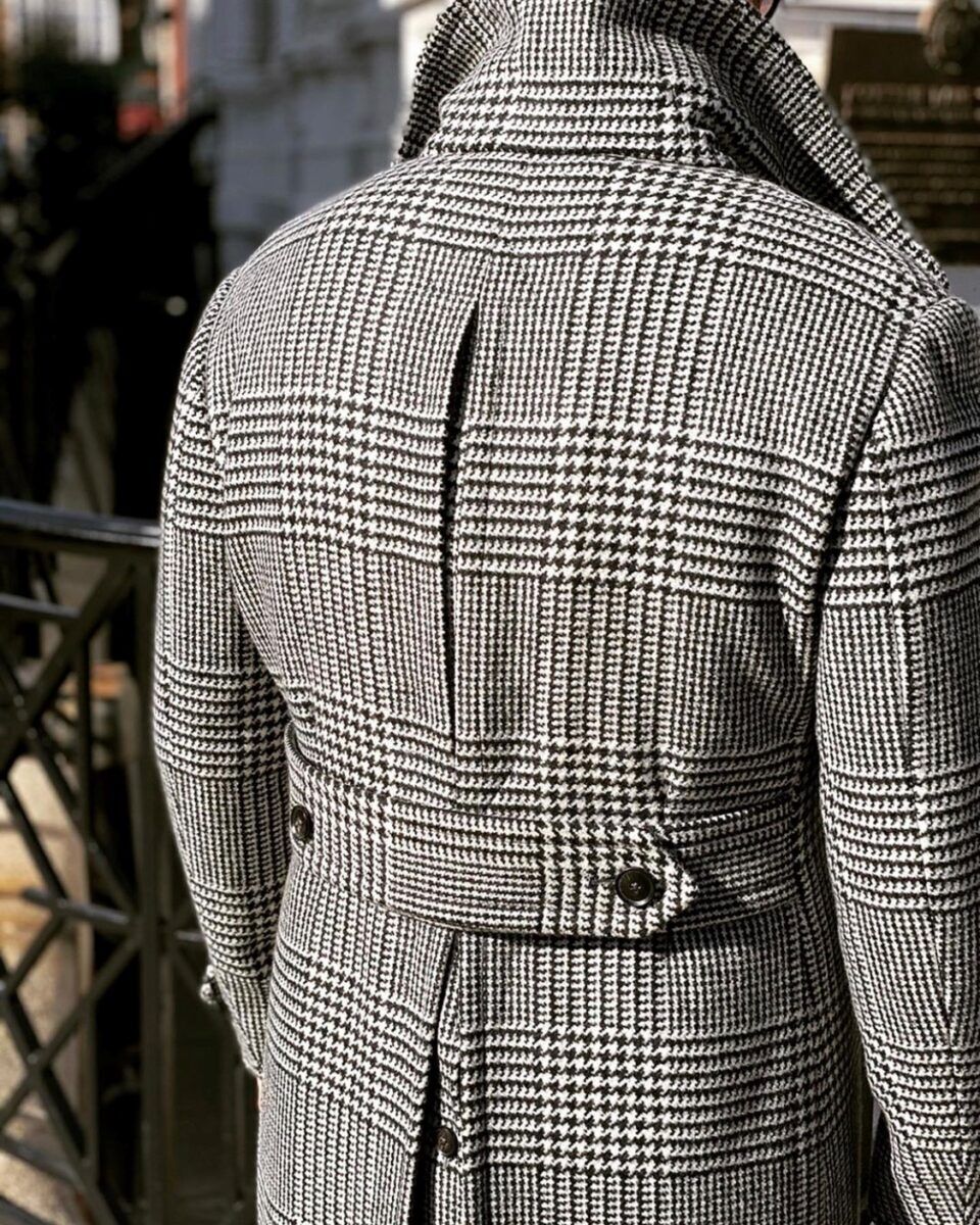 (product) Bespoke Black & White Glen Urquhart Great Coat, back view featuring belt detail