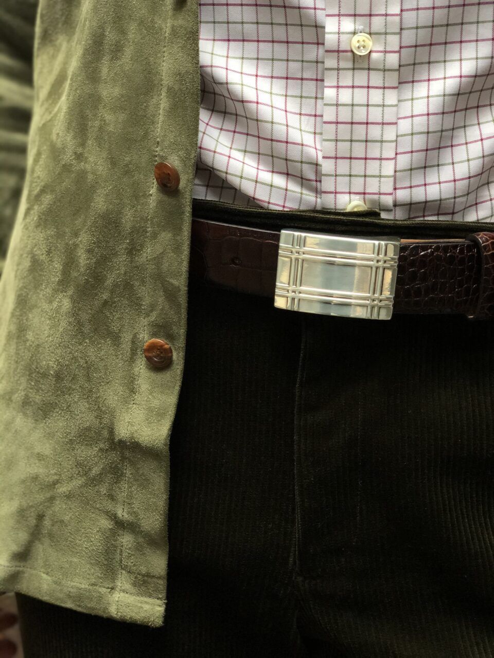 (product) Olive Green Lamb Suede Overshirt, detailed view