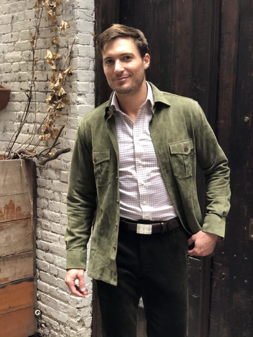(product) Olive Green Lamb Suede Overshirt