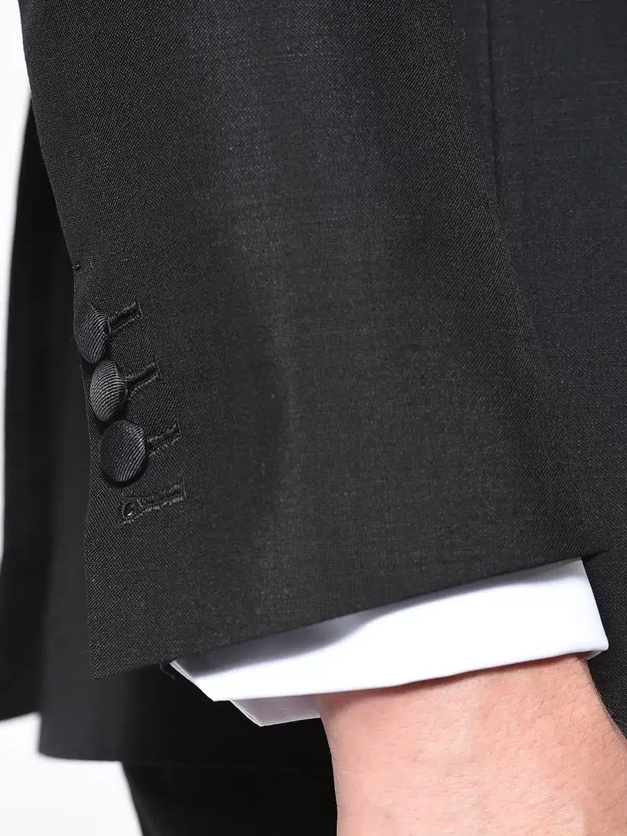 (product) Black Mohair Classic Grosgrain Bespoke Tuxedo, cuff detail with button accents