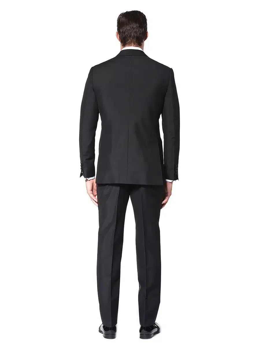 (product) Black Mohair Classic Grosgrain Bespoke Tuxedo, back view showcasing tailored silhouette