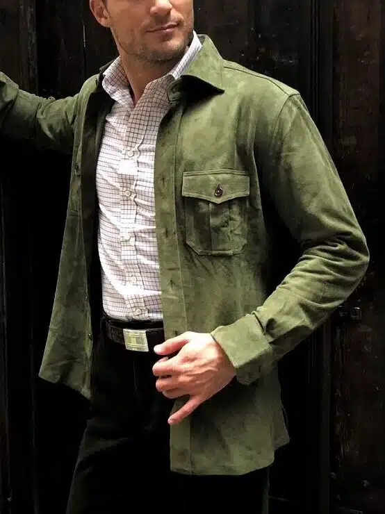 (product) Olive Green Lamb Suede Overshirt