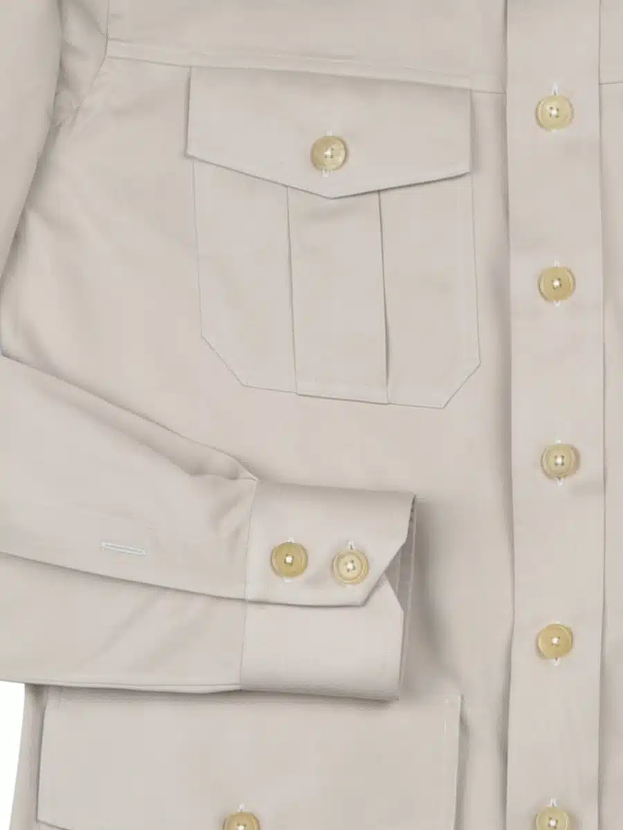 (product) Beige Cotton Safari Shirt, detailed view of front pockets and buttons