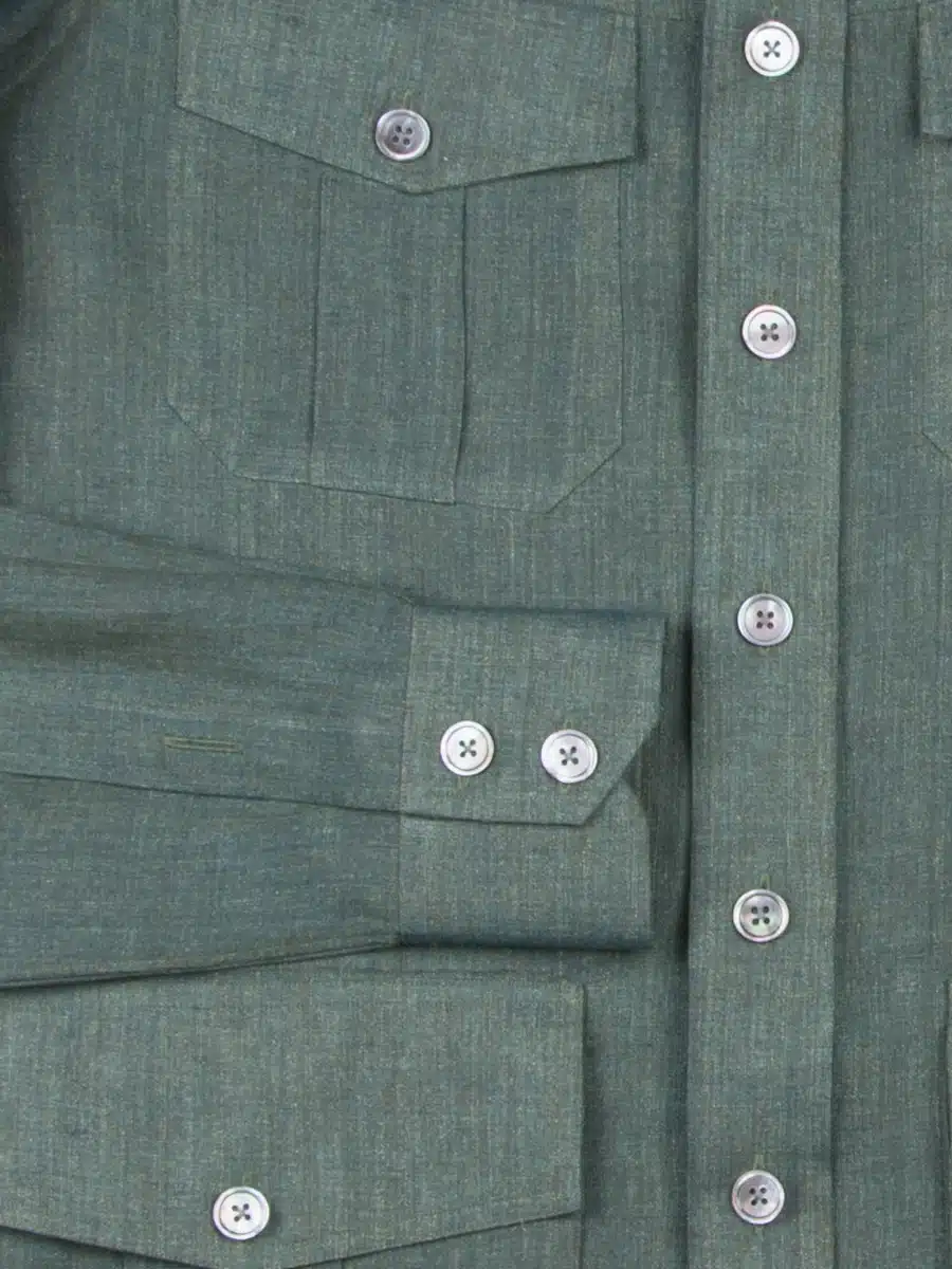 (product) Green Linen Safari Shirt, detailed view of front pockets and buttons