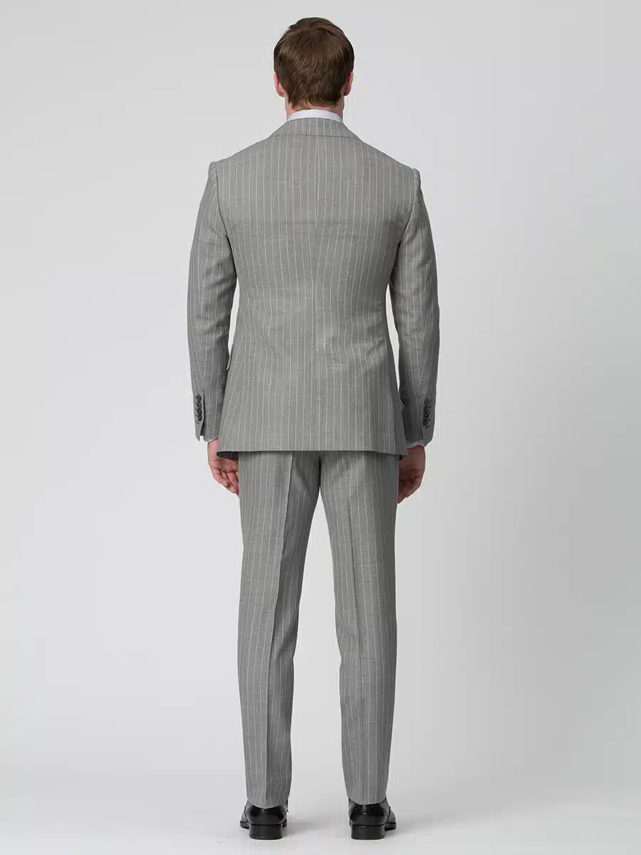 (product) Light Grey Pinstripe Bespoke Suit, back view showcasing the tailored fit