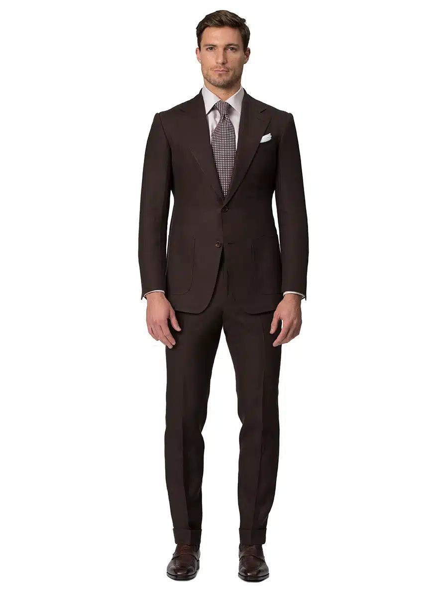 (product) Dark Brown Linen Bespoke Suit, full front view