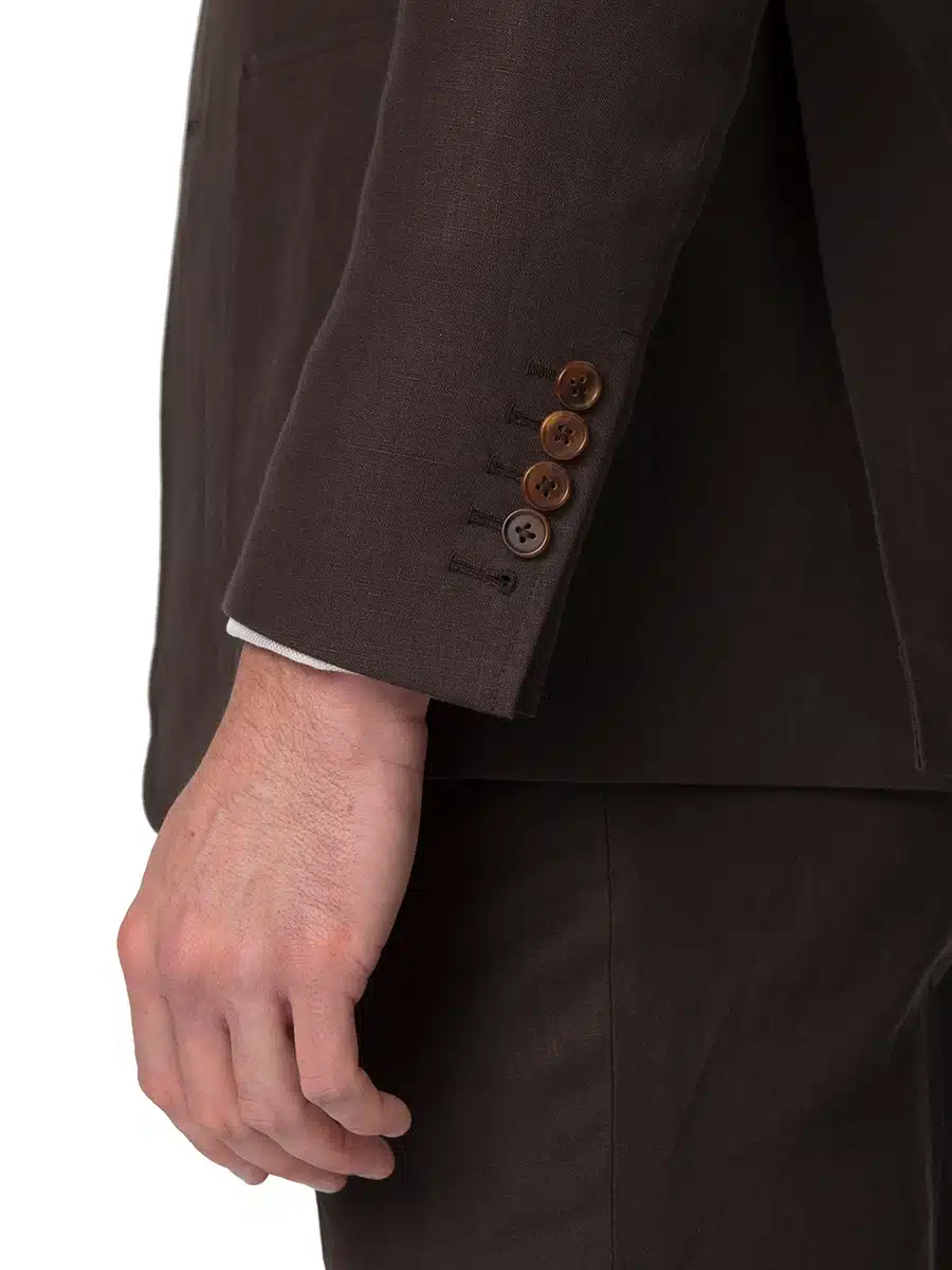 (product) Dark Brown Linen Bespoke Suit, cuff detail
