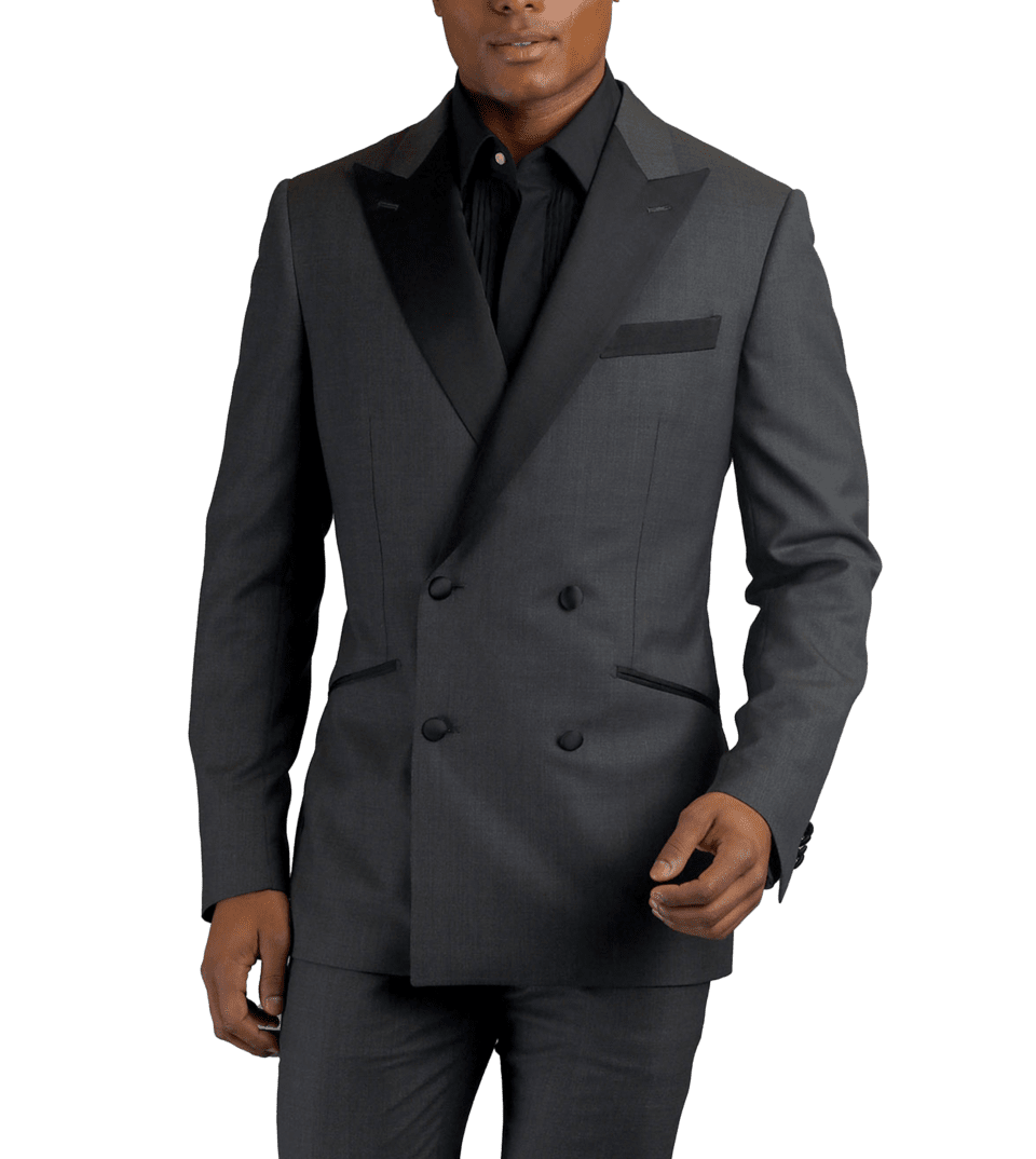 Grey double-breasted wool made-to-measure Tuxedo with contrast black satin trim
