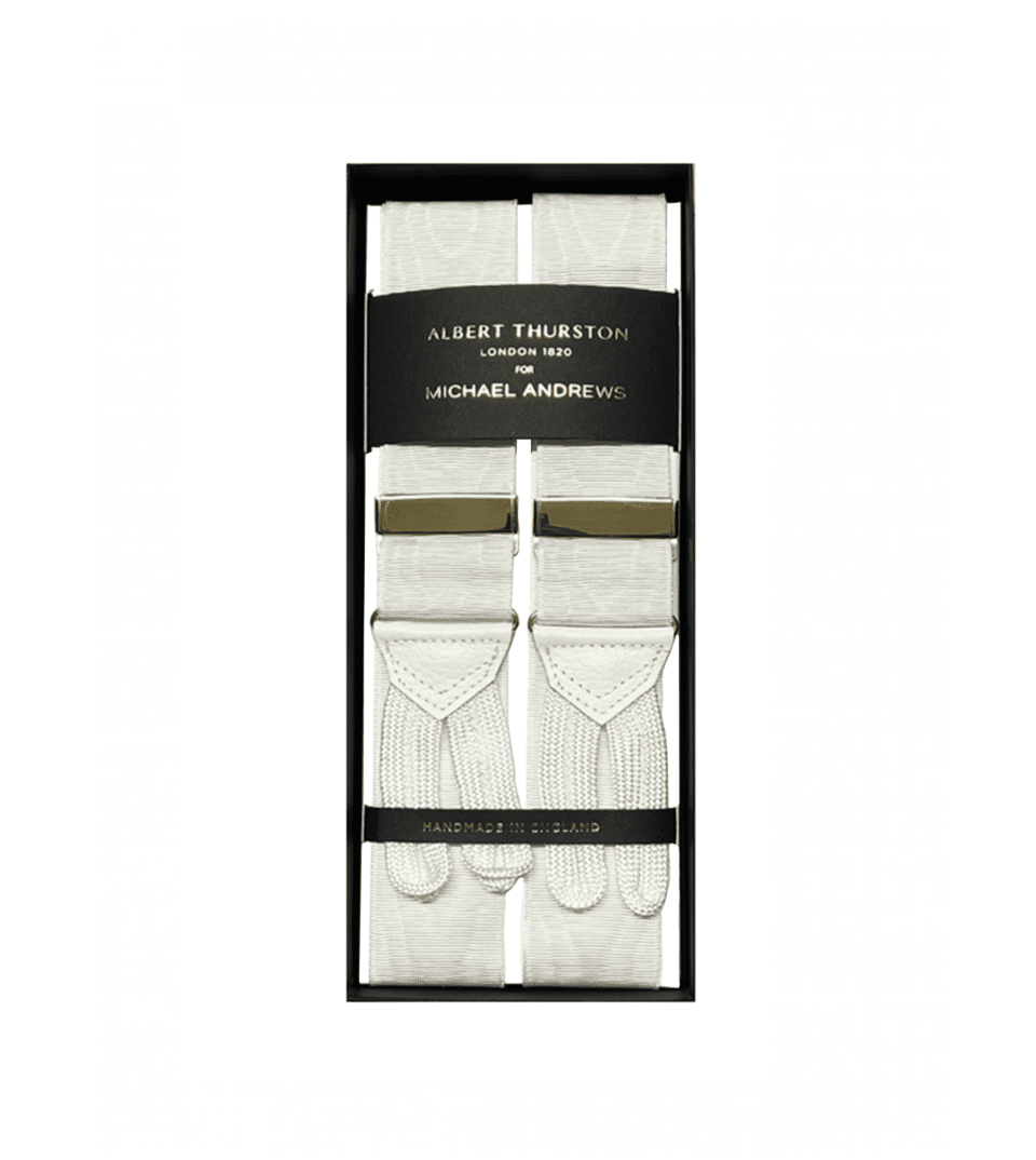 Albert Thurston White Moire Suspenders with Gold Hardware