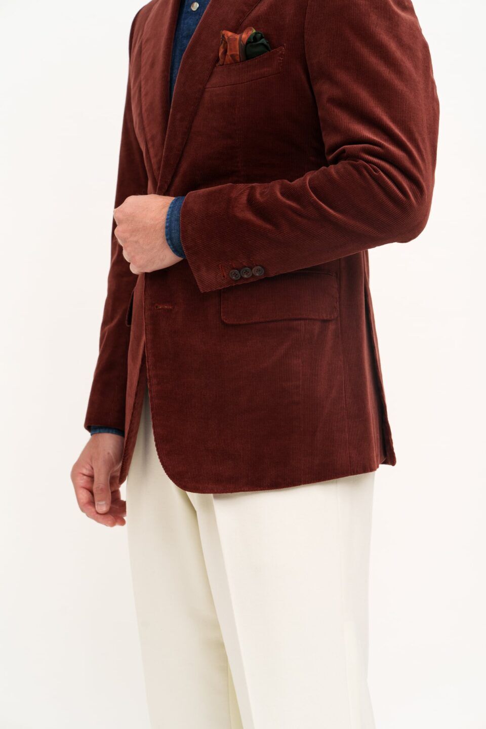 Rust Brown Cotton/Wool Stretch Corduroy Sport Coat Close Up View